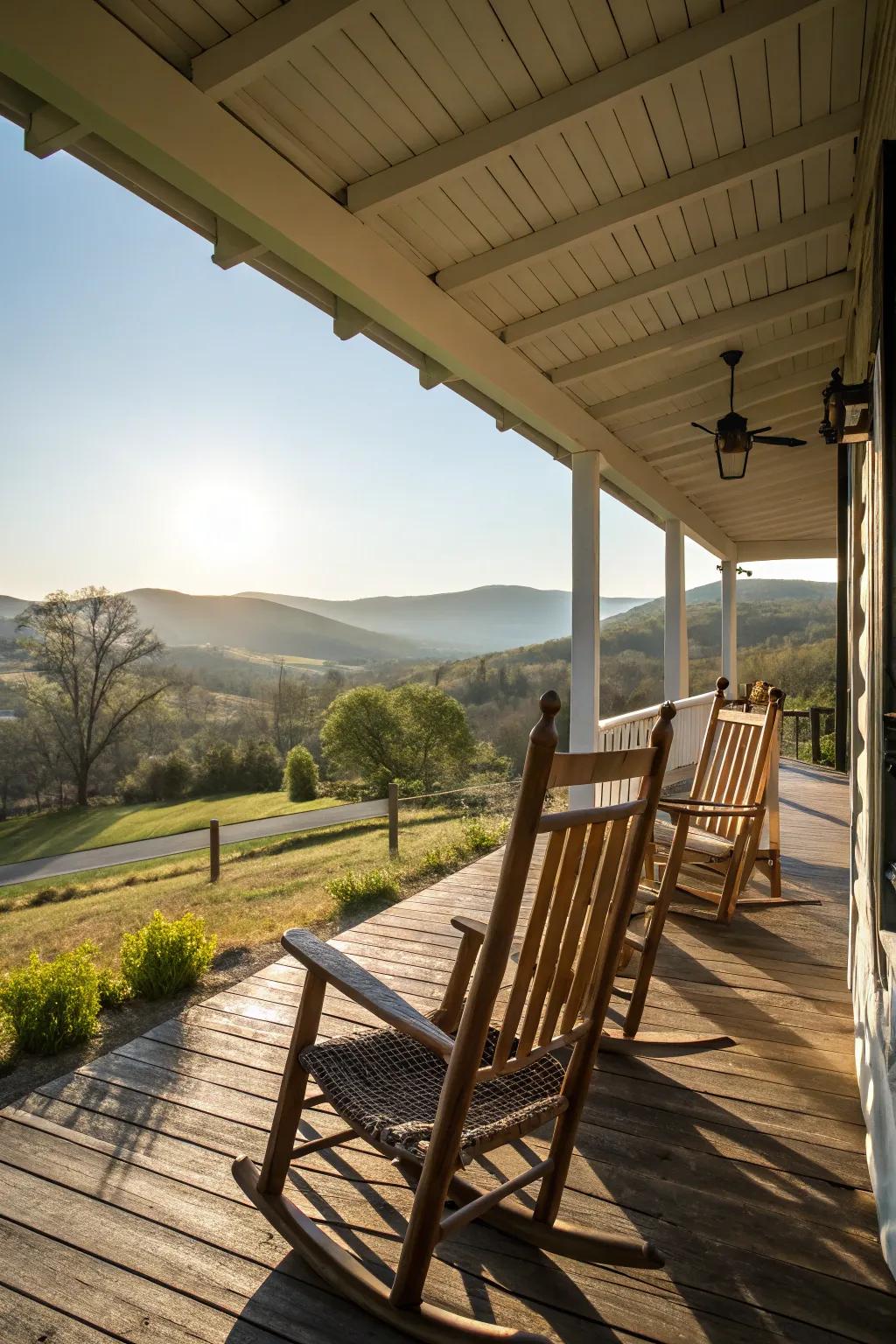 Traditional wood swingers filled with sun on a country farmhouse veranda.