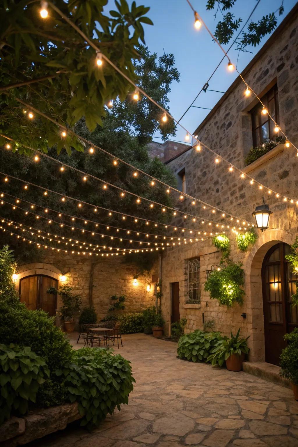 Fairy lights craft a dazzling scene in an inviting patio.