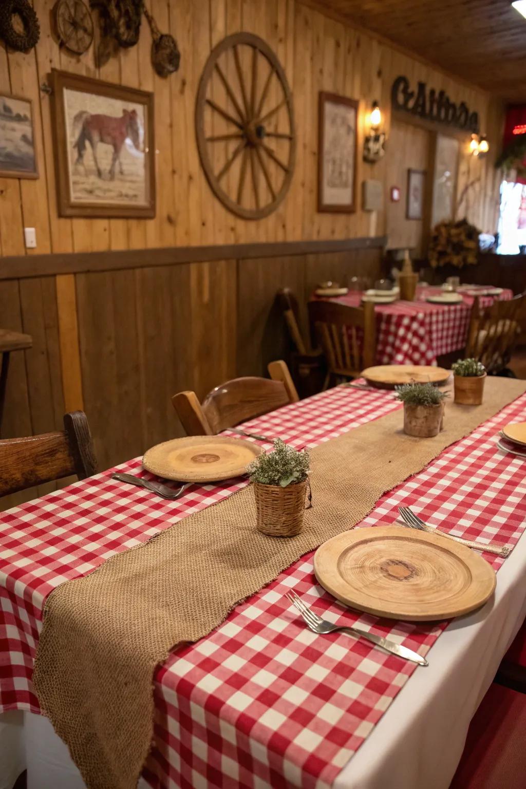 Establish the ambiance with a classic crimson checkered tablecloth complemented by burlap accents.
