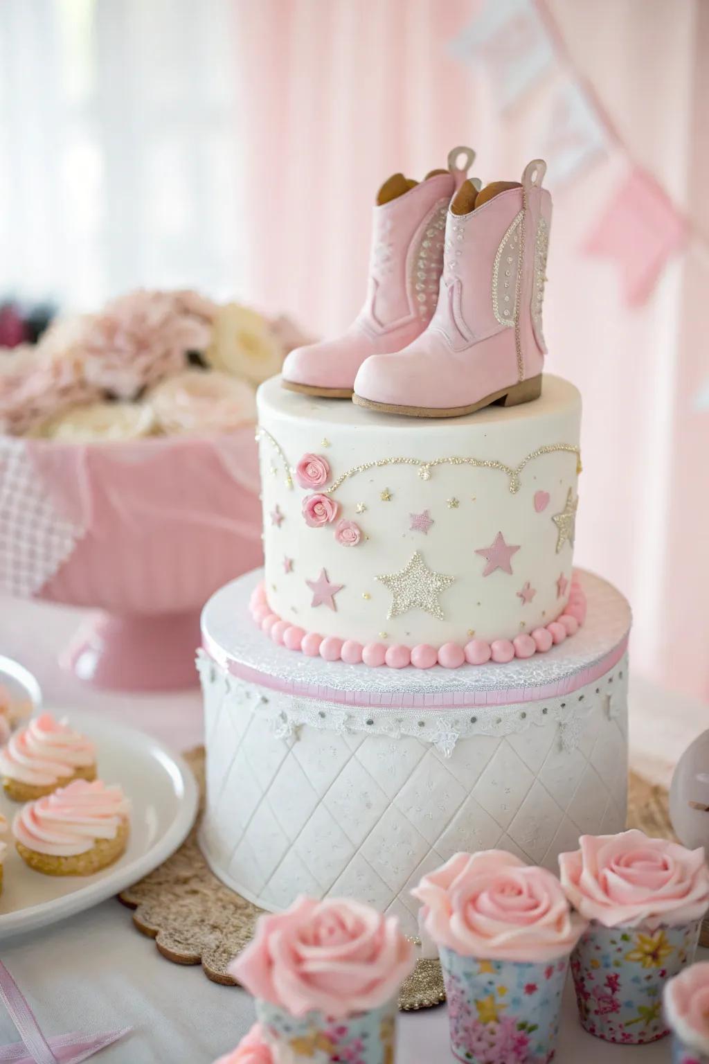 A delightful cake decorated with fondant cowgirl boots, ideal for a Western-themed baby shower.