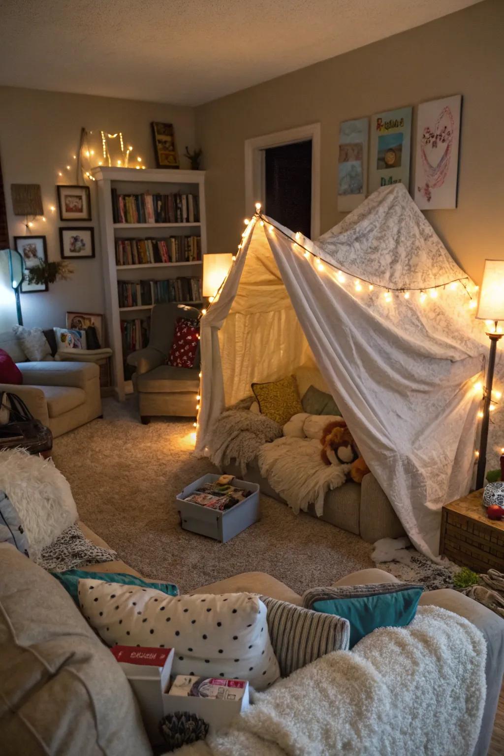 A traditional living room fort, which creates a feeling of warmth and relaxation.