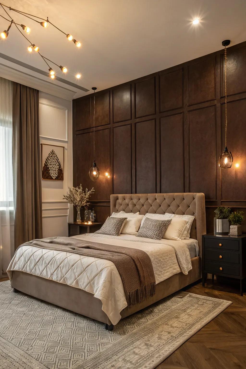 A bedroom showcases a striking cocoa accent wall, exquisitely contrasted by lighter decorative items.