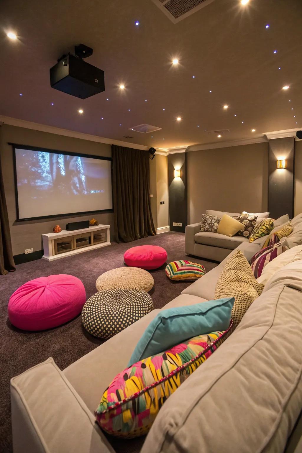Soft seating arrangements and floor cushions for comfy movie marathons.