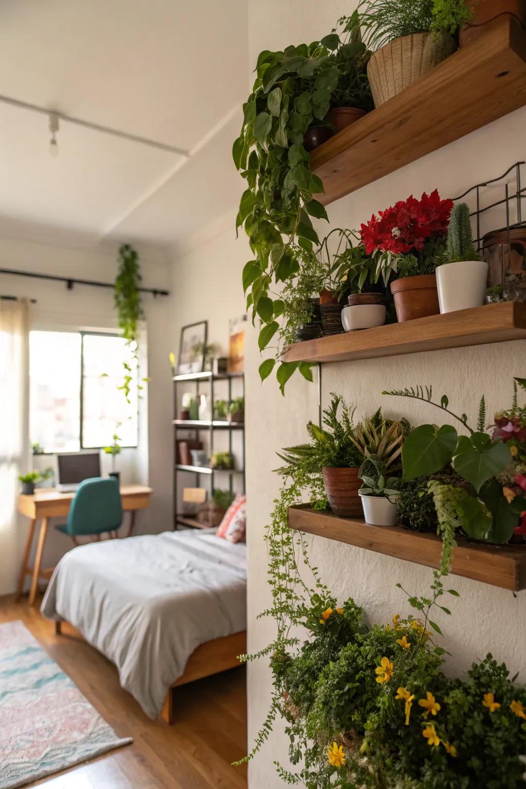 A wall of plants enlivens and adds color to an otherwise uninteresting bedroom.