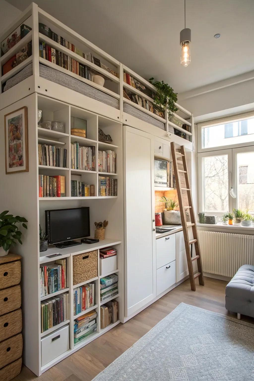 Clever utilization of vertical space within a studio apartment.