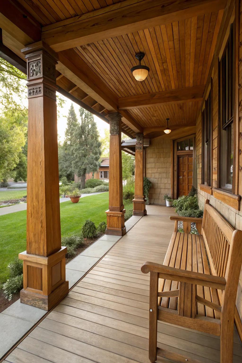 These natural wood supports give this Craftsman porch more rustic appeal.