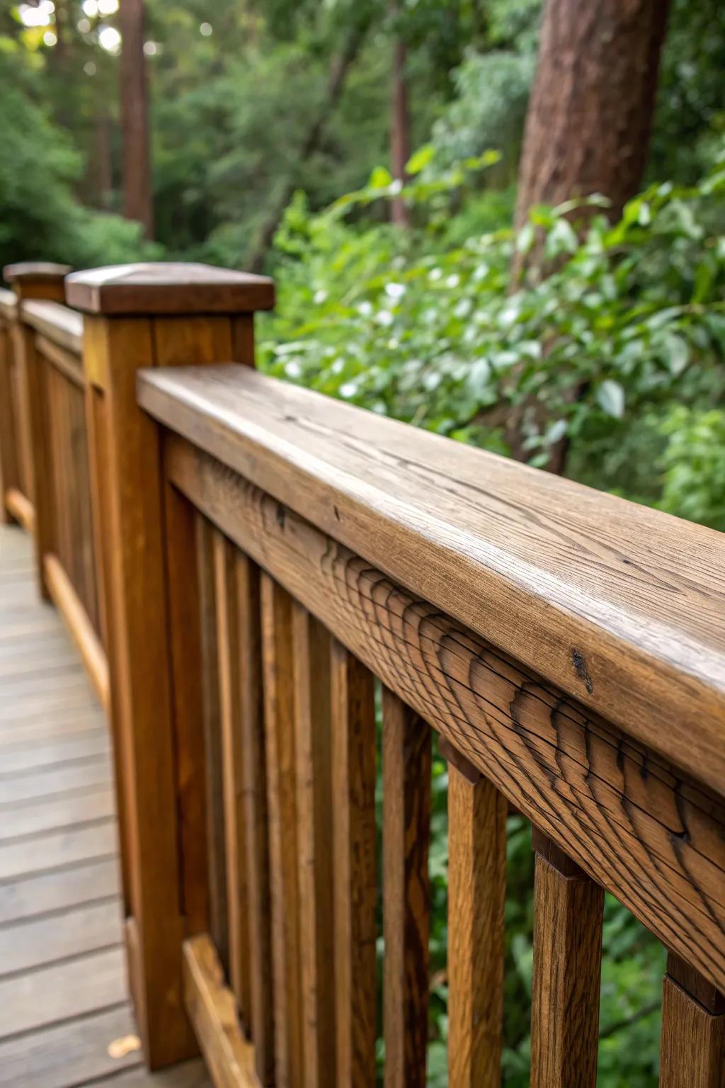 Up-close view of a Craftsman-style warm wooden railing.