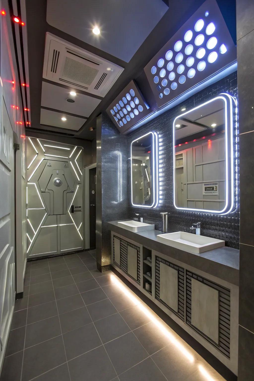 A contemporary bathroom boasting glowing LED details and metallic features.
