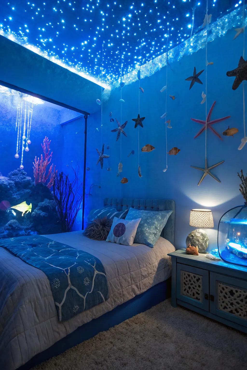 An underwater-themed bedroom with blue lighting and sea life details.