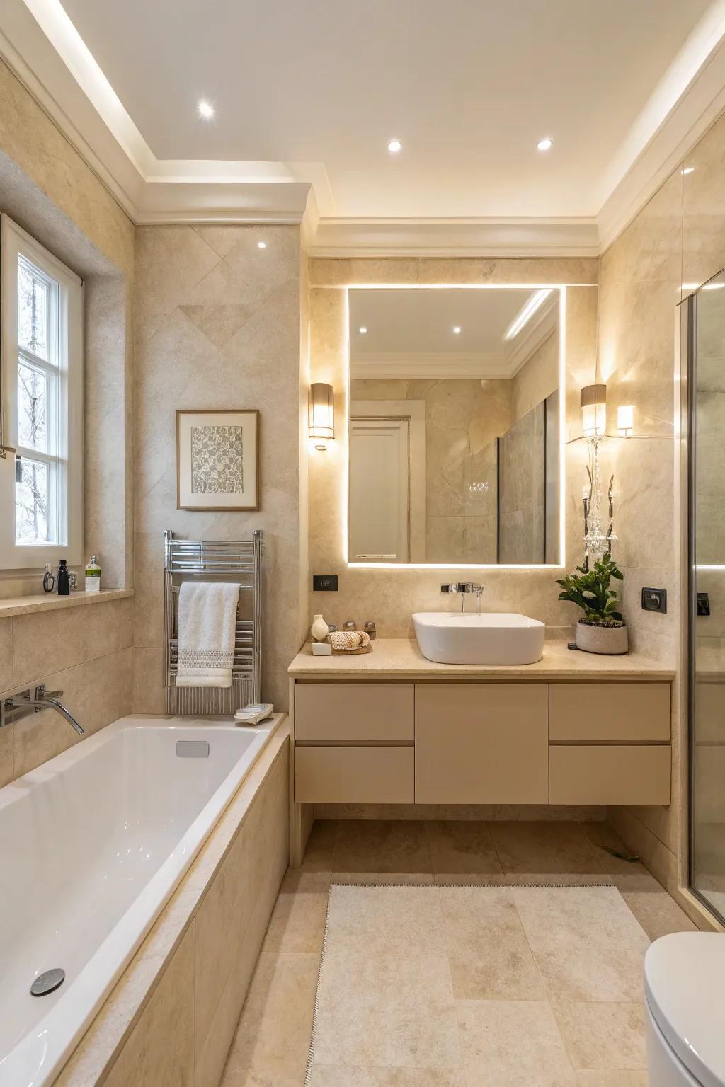 The seamless fusion of cream and biscuit shades crafts a soothing bathroom sanctuary.
