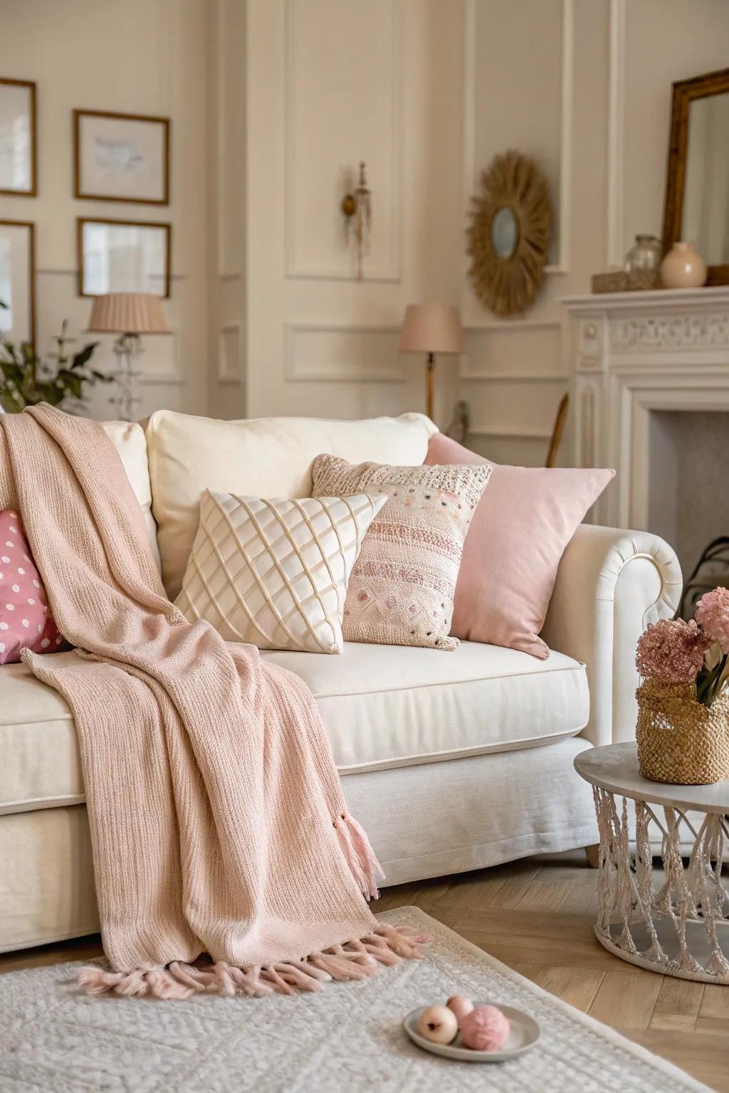 A muted palette emphasizes the grace of a vanilla couch, creating a serene haven.
