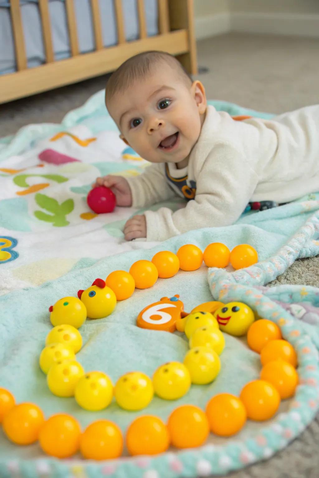 Inventive utilization of playthings to commemorate six months of happiness.
