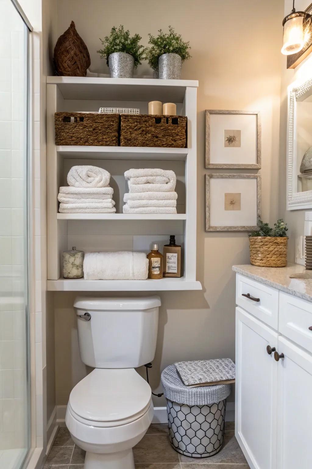 Display shelves situated above the toilet offer a seamless fusion of utility and elegance.