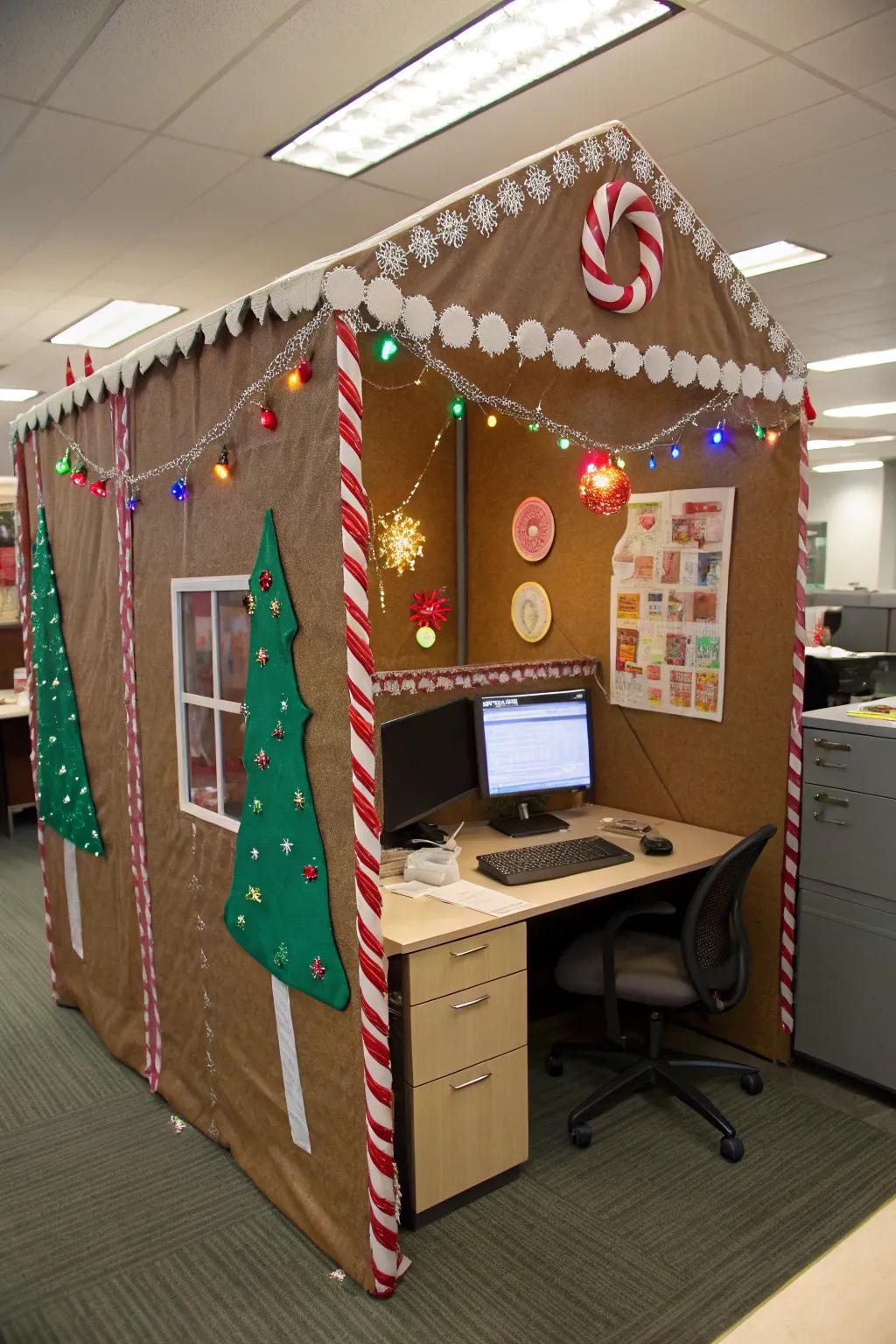 Workstation transformed into an enchanting edible house with festive enhancements.