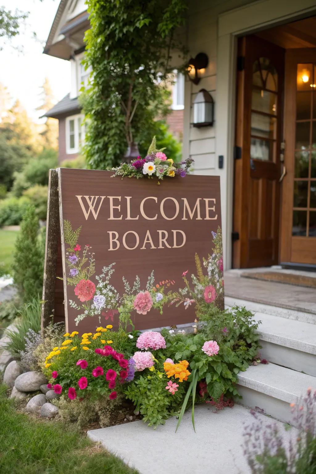 A floral-themed welcome board infuses your doorstep with the allure of nature.