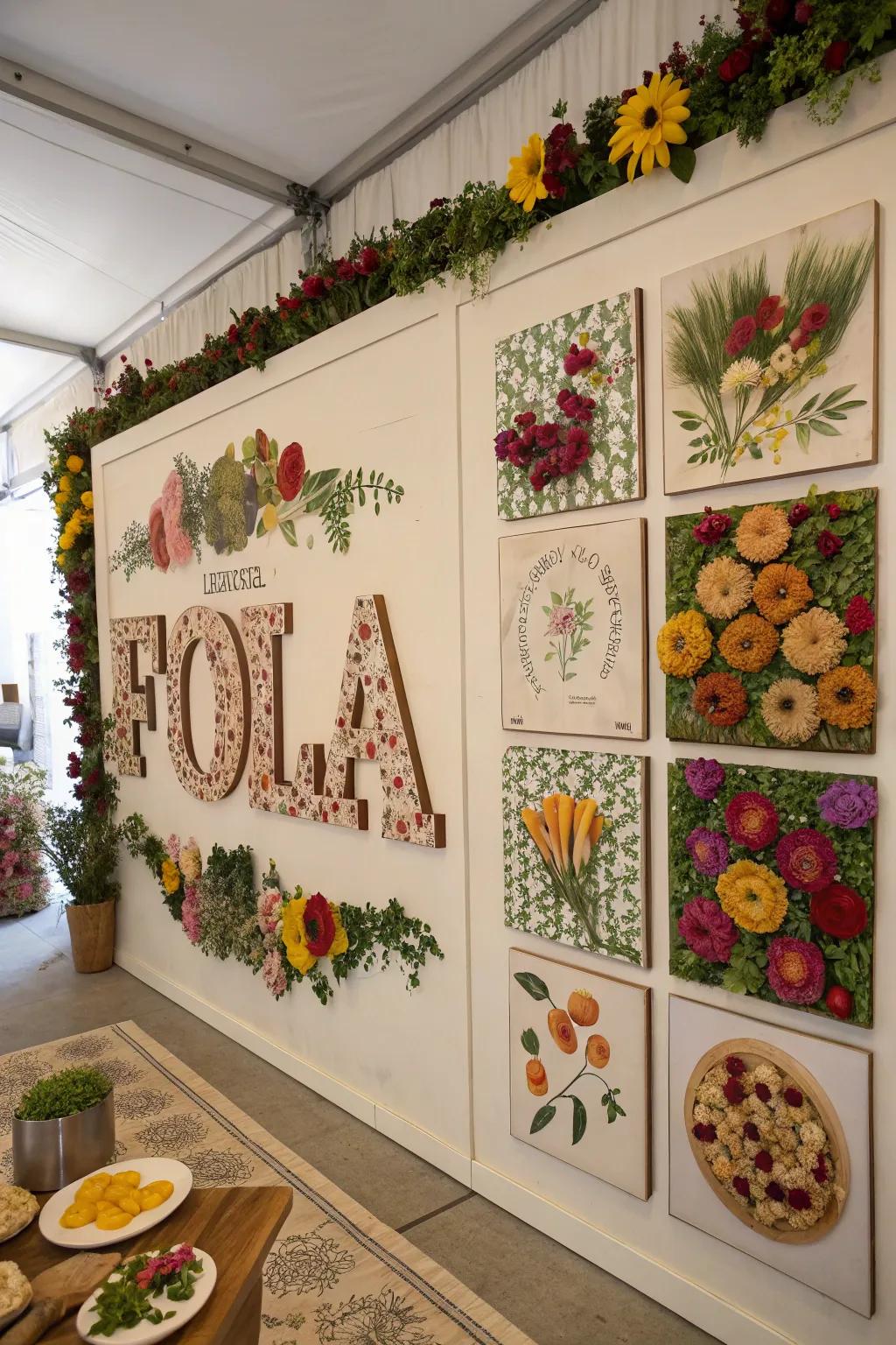 A creative word wall featuring styled exhibits of flowers and food designs