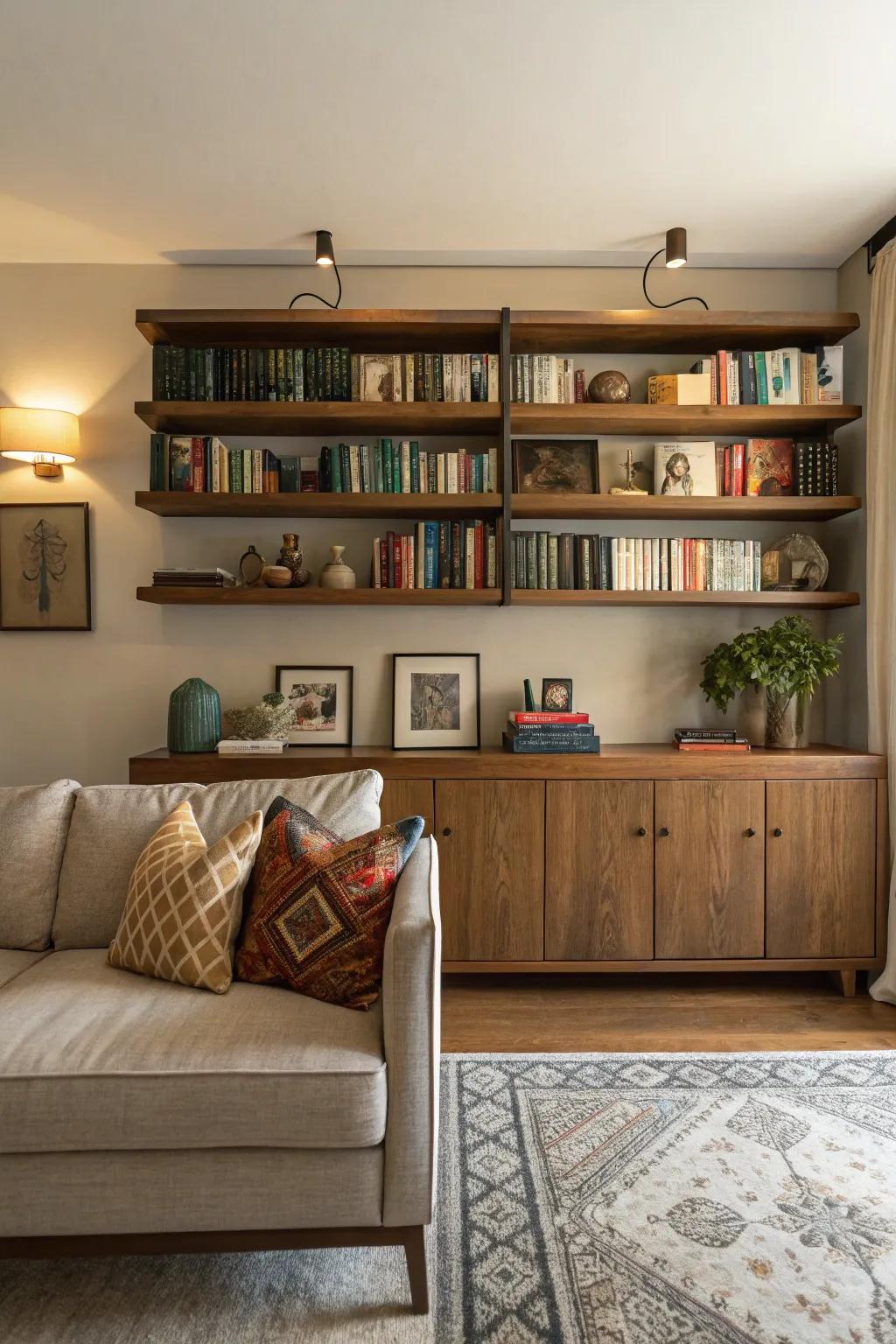 Wall-mounted bookshelves above a sideboard create an inviting reading corner.