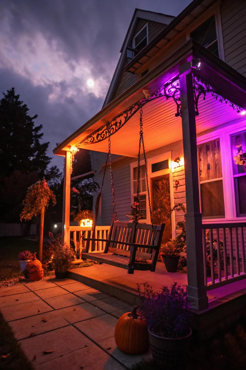 Orange and purple lights prepare the stage for a spooky porch.