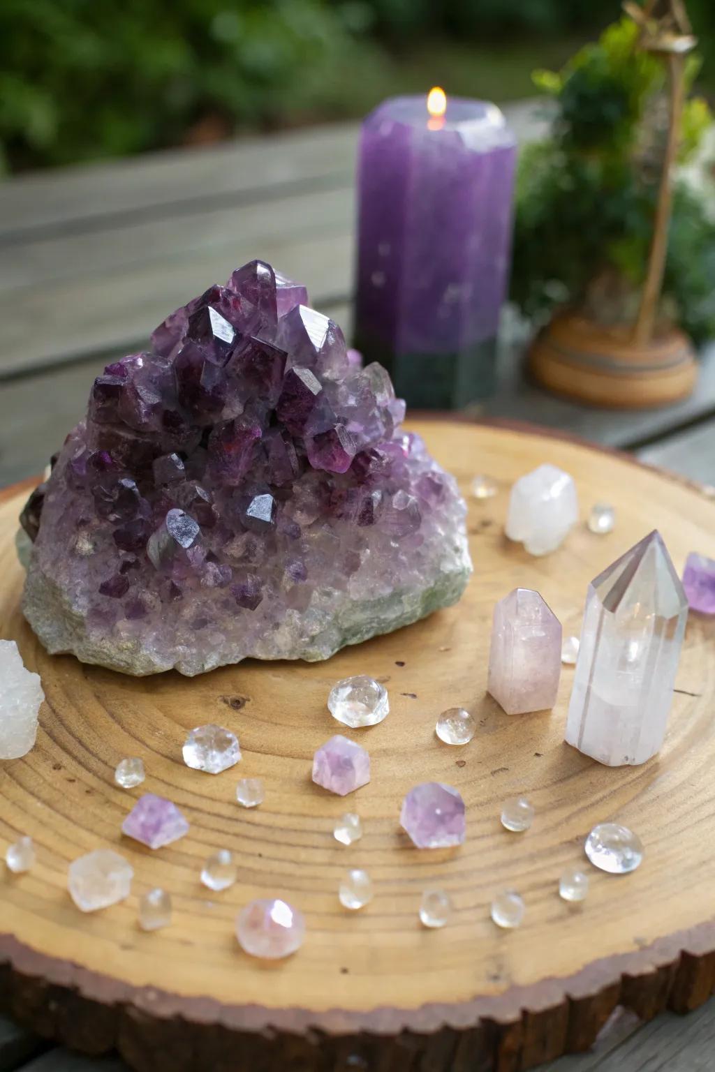 A classic crystal altar featuring an incredible amethyst as its central element.
