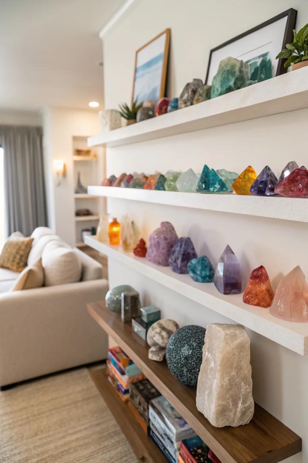 Floating shelves with a stunning display of crystals arranged by color.