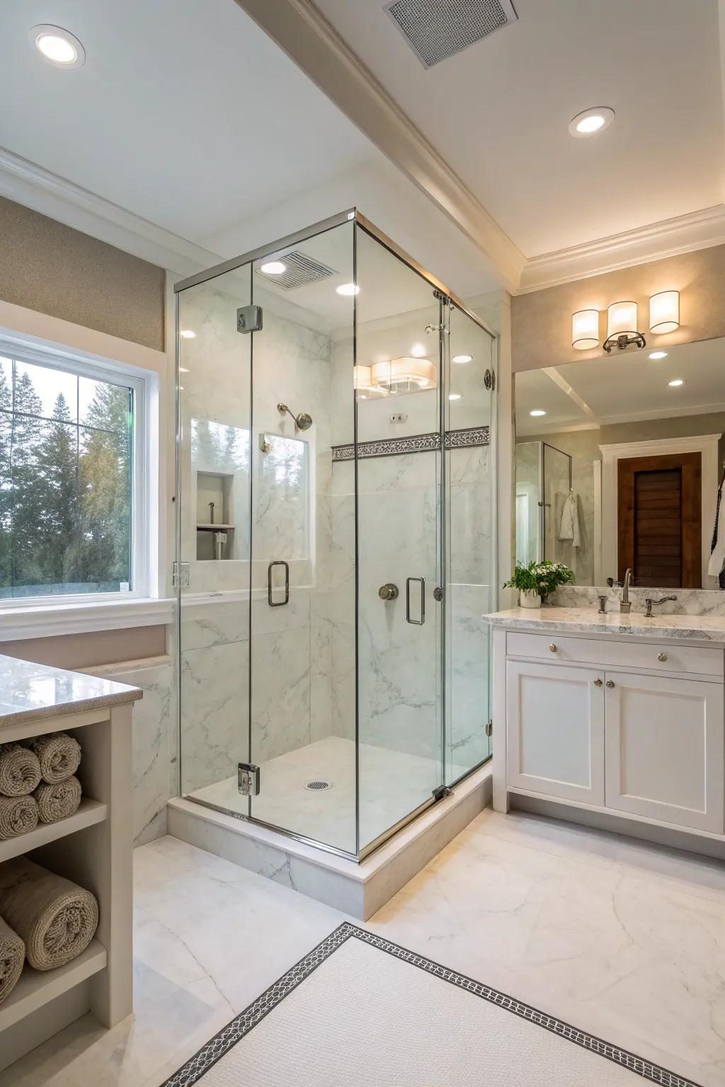 Glass doors enhance the polished nature of manufactured stone showers.