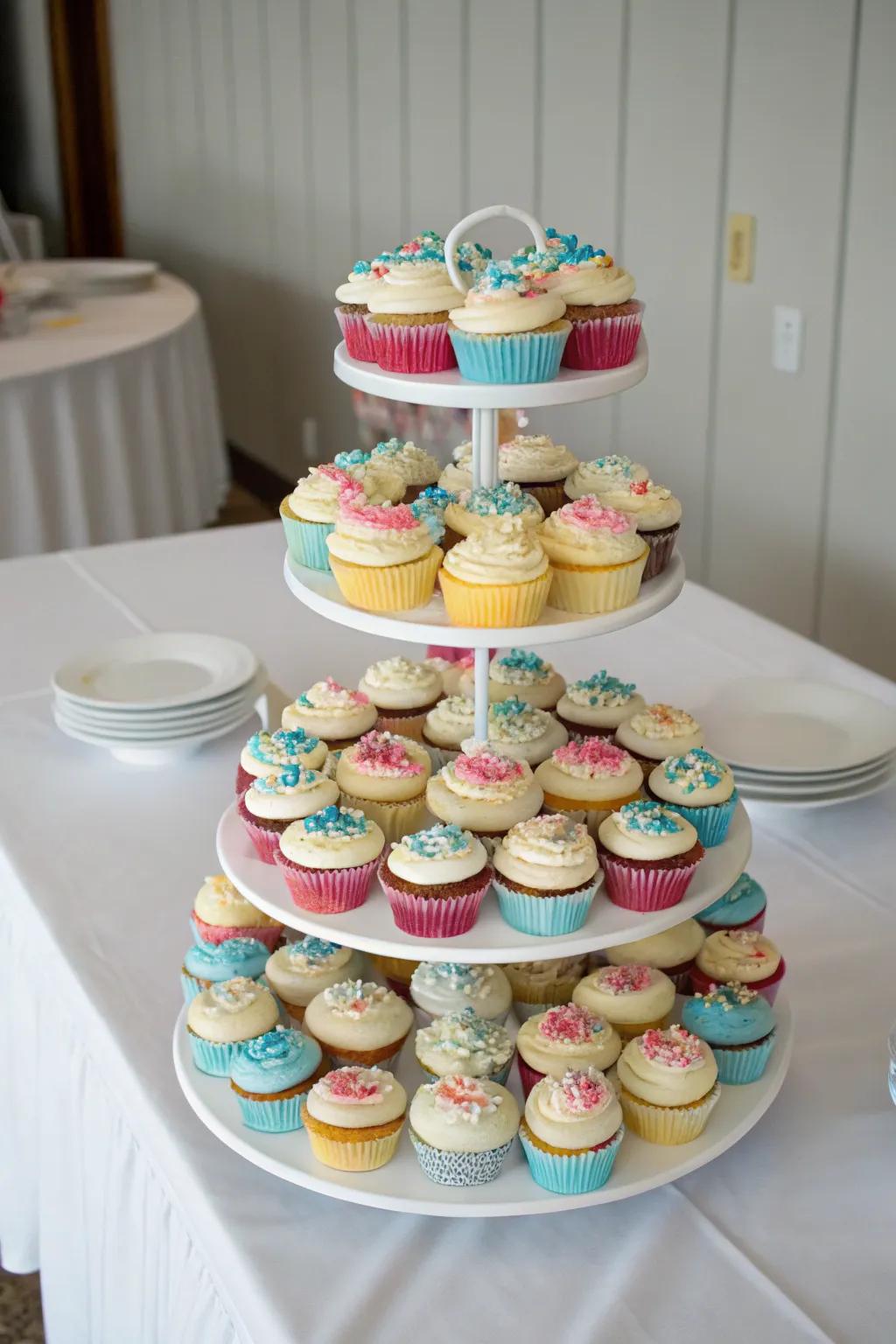 Cupcakes displayed at varying heights on a tiered stand for added visual appeal.