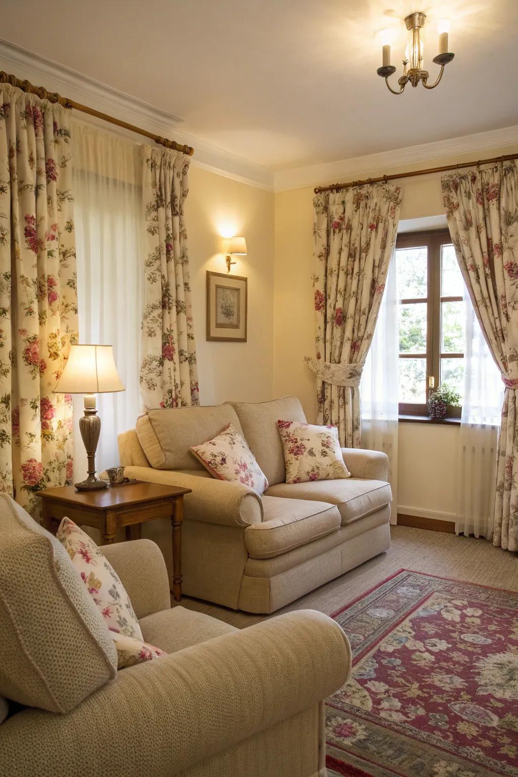 Decorated window coverings bring an energetic vibe to muted spaces.