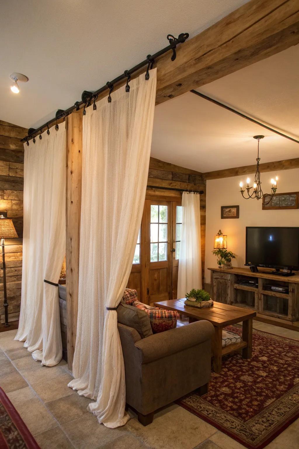 A delightful custom curtain rod crafted from salvaged timber adds a quaint element.