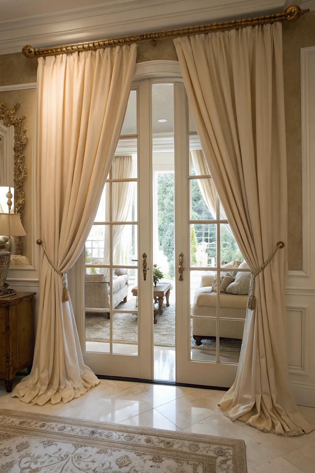 Neutral drapery offers a sophisticated touch to French doors.
