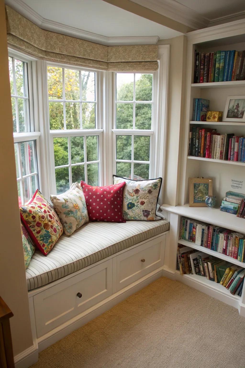 A welcoming reading corner nestled in a curved bay window.