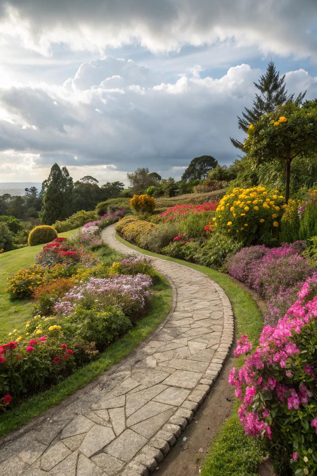 A lovely garden walkway with graceful curves that meander through vibrant flower beds.