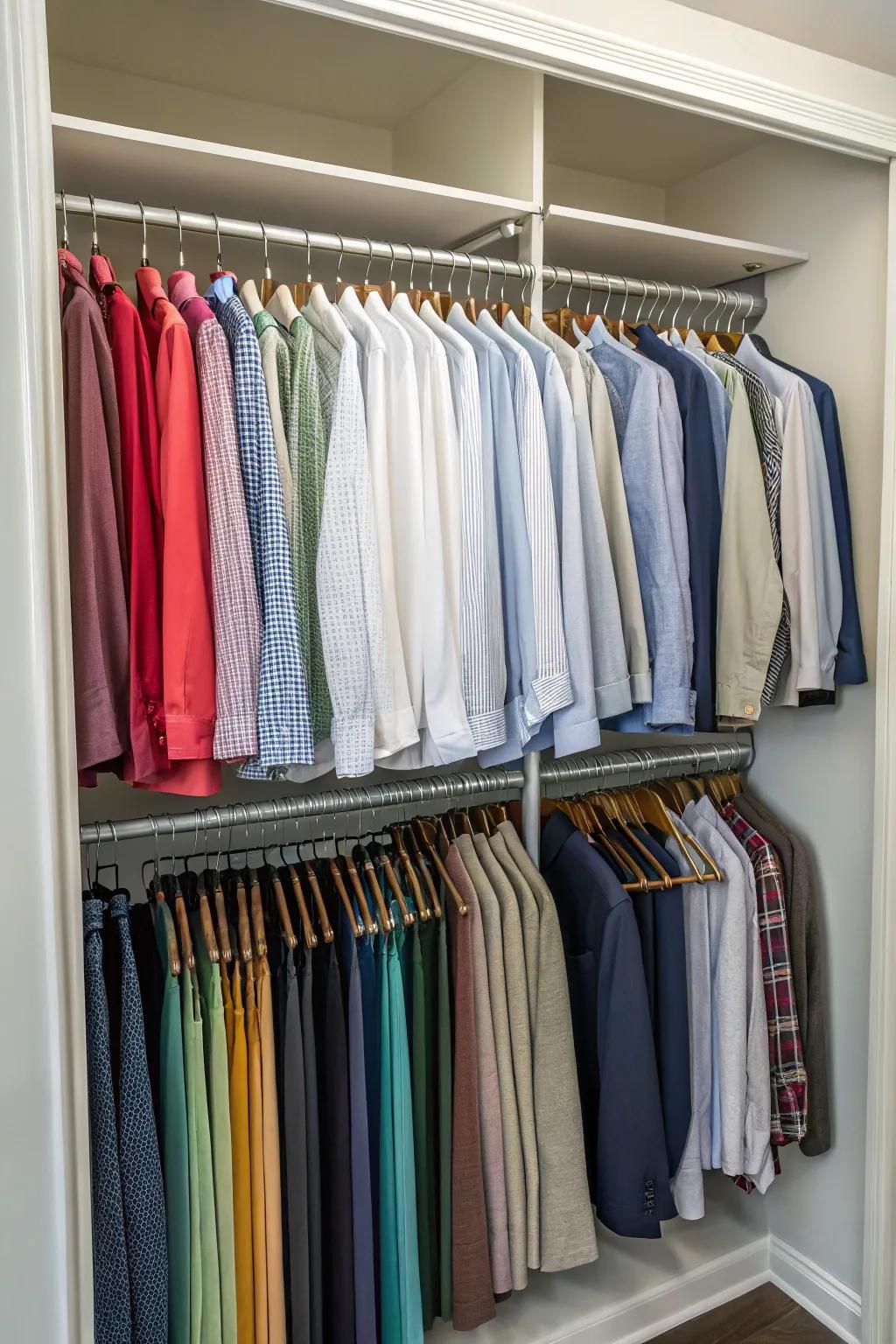 Maximizing space using tiered hanging rods.