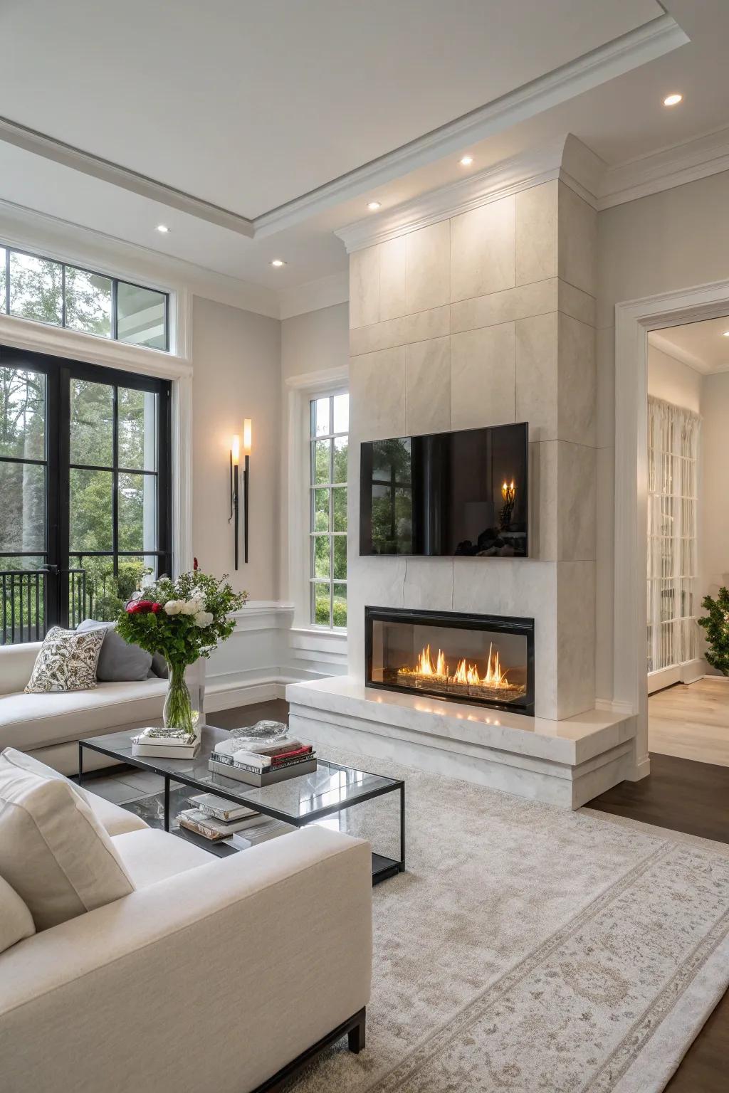 A contemporary fireplace encased in glass, radiating sophistication and class.