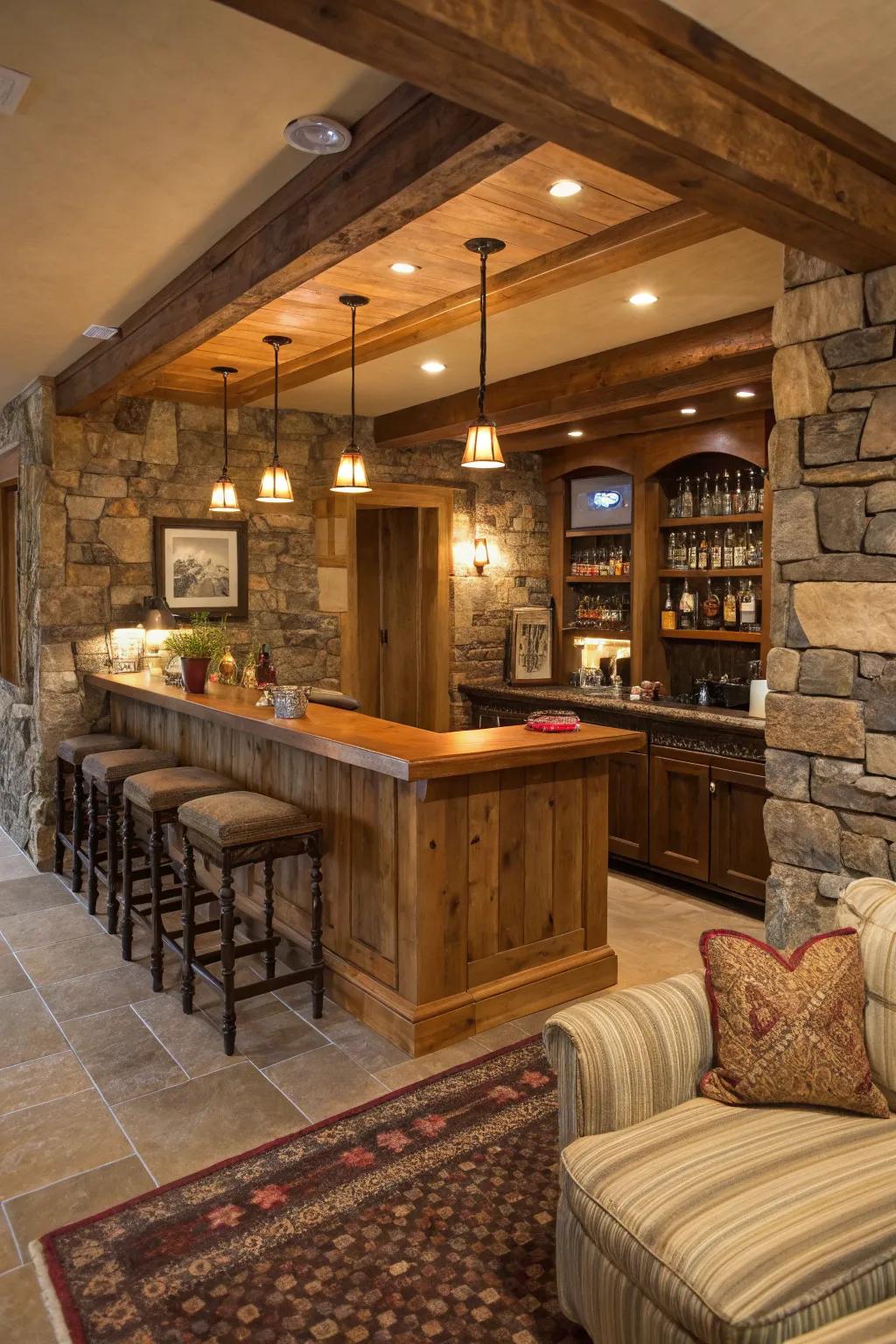 A rustic home bar showcasing wood and stone elements for a snug environment.