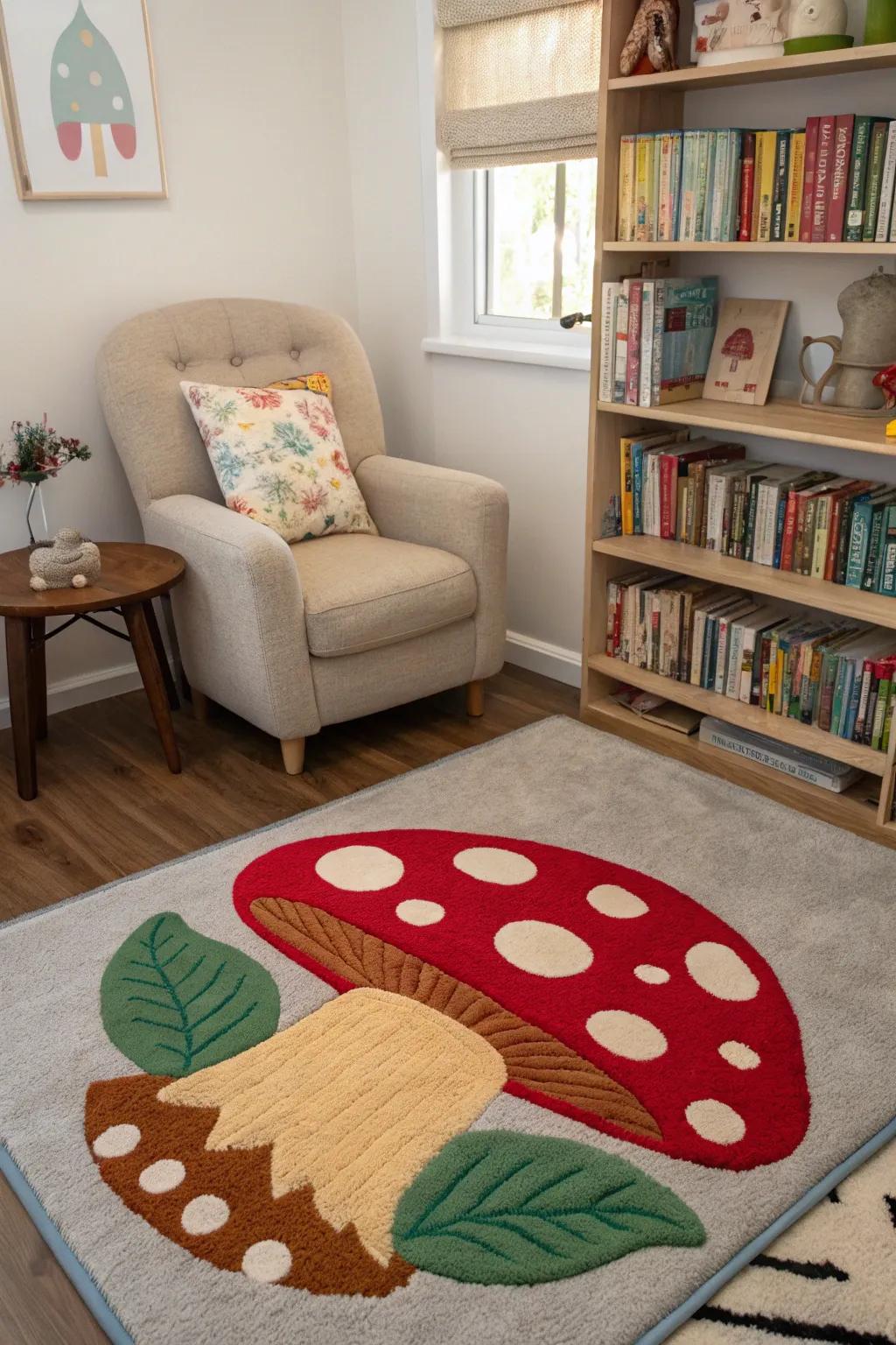 A funghi-formed floor mat lends a whimsical vibe to this reading space.
