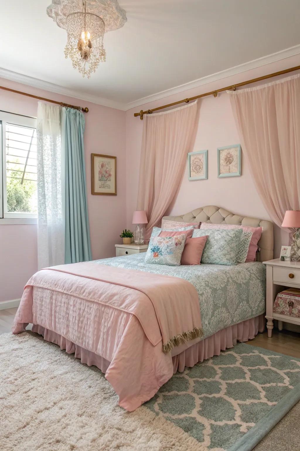 A tranquil and balanced pastel-themed bedroom for sisters.