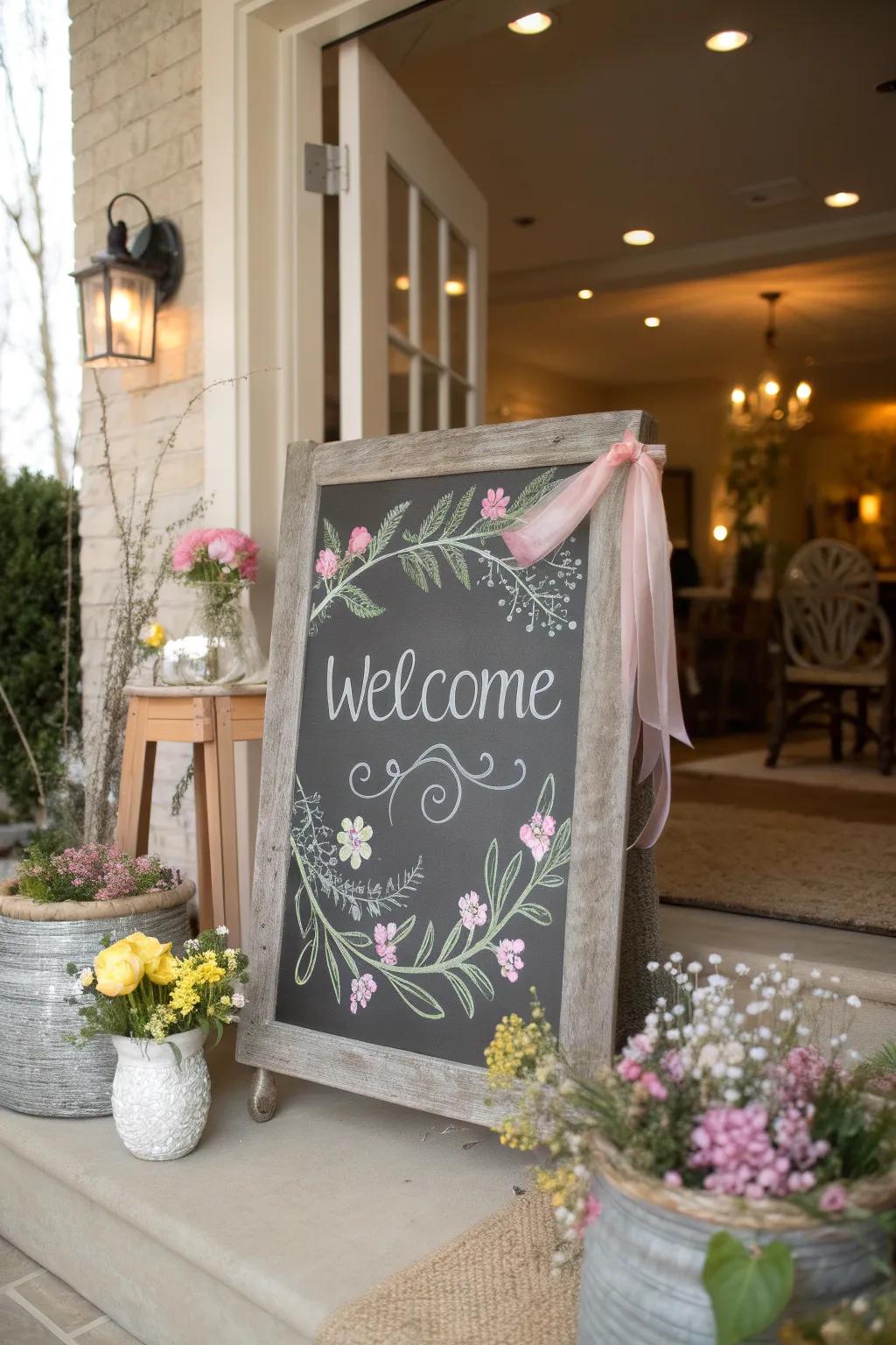 An inviting entryway chalkboard displaying a seasonal message and charming floral accents.