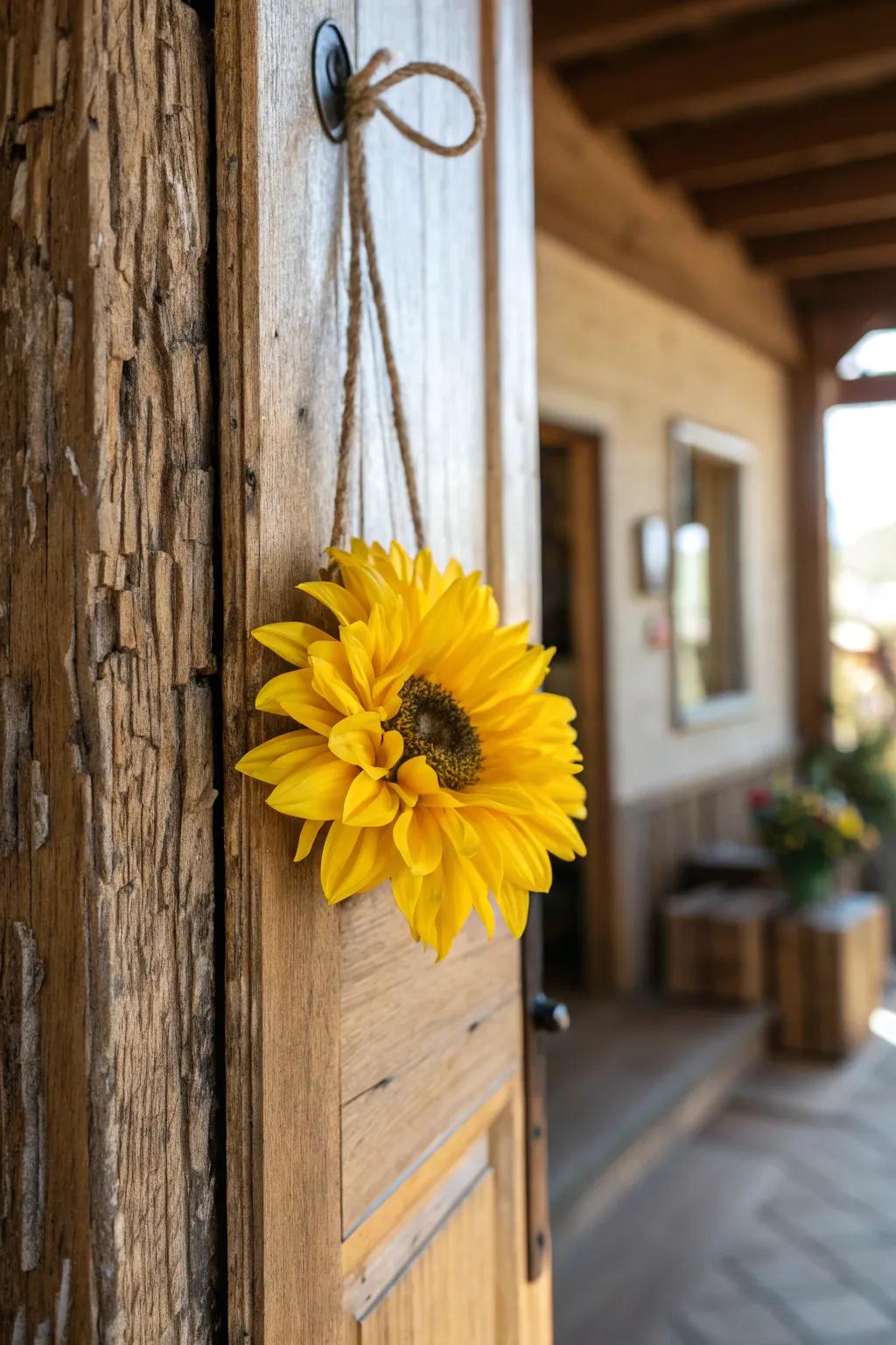 A cheerful sunflower door hanger exuding warmth and joy.