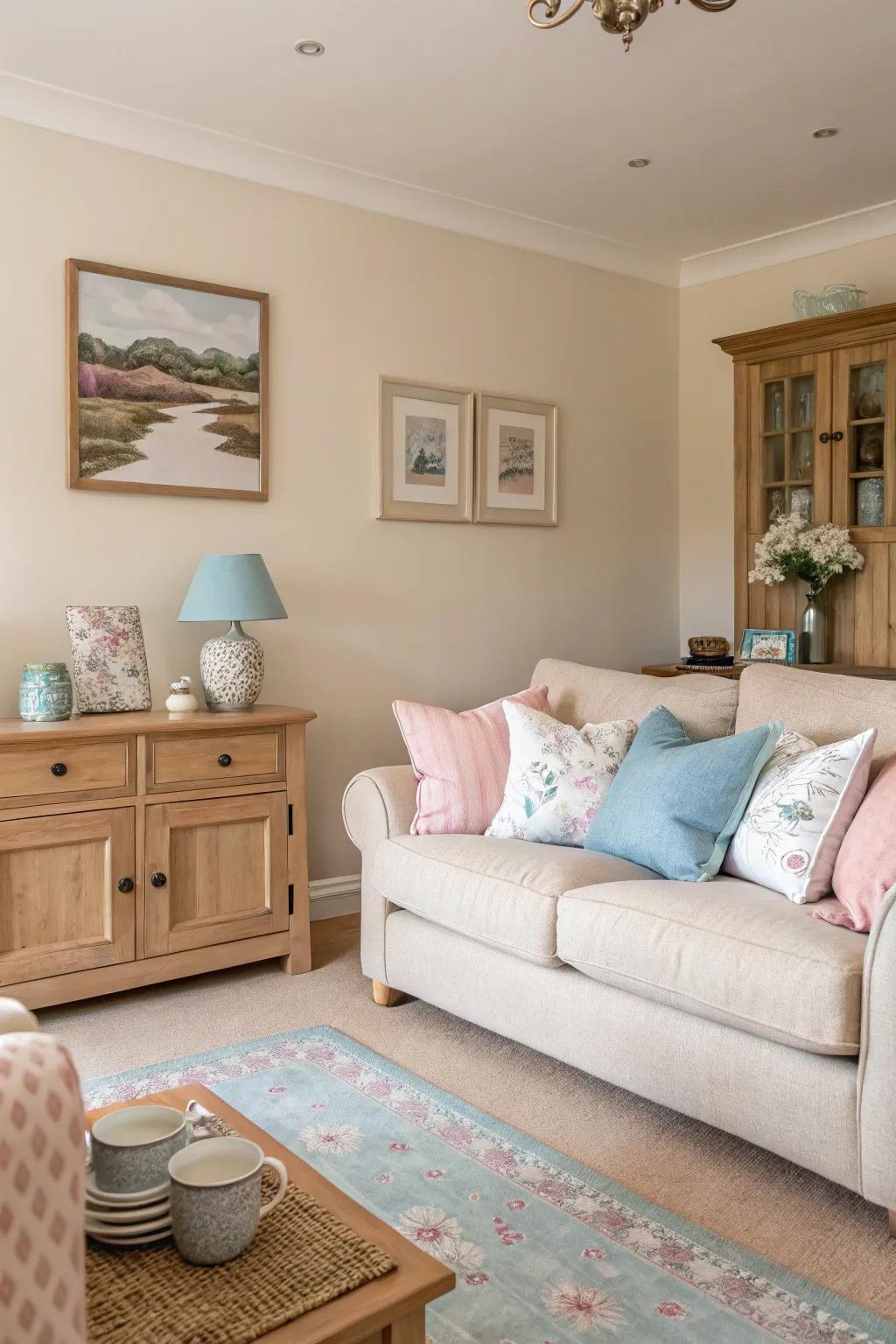 A living room presented with a soothing color scheme of gentle pastels and neutrals.