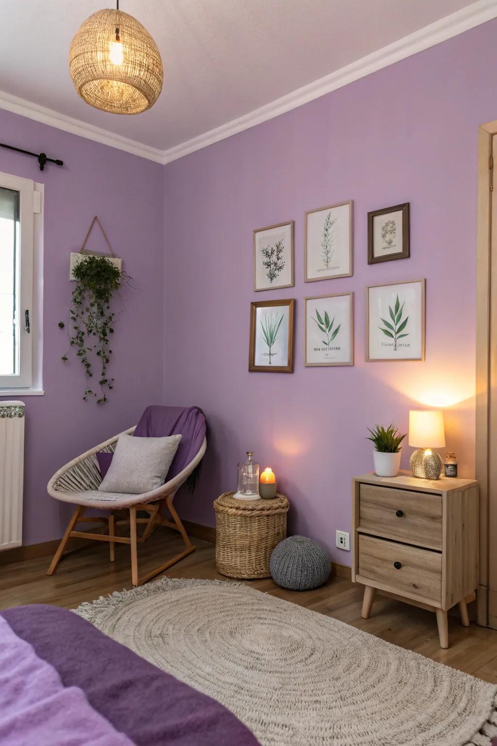 Lavender walls, creating a calming and peaceful atmosphere.