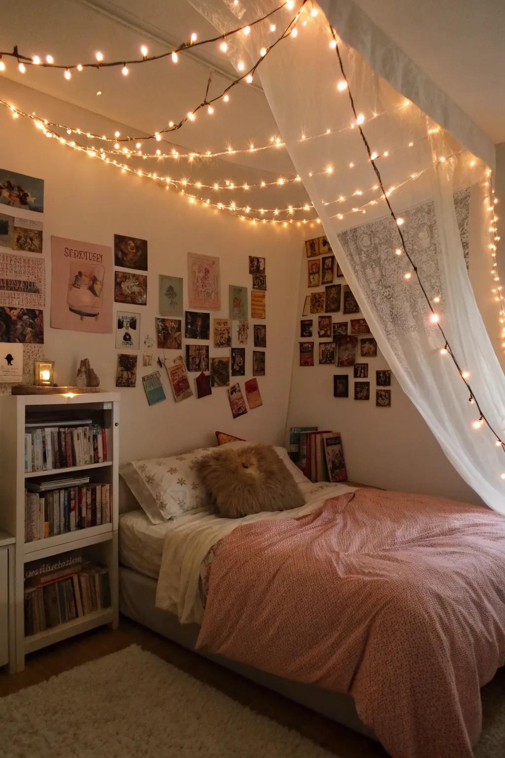 Fairy lights giving a magical glow to a teen's space.
