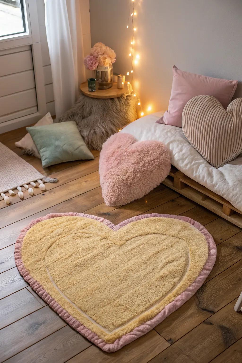 Introduce a playful vibe with a heart-shaped rug.