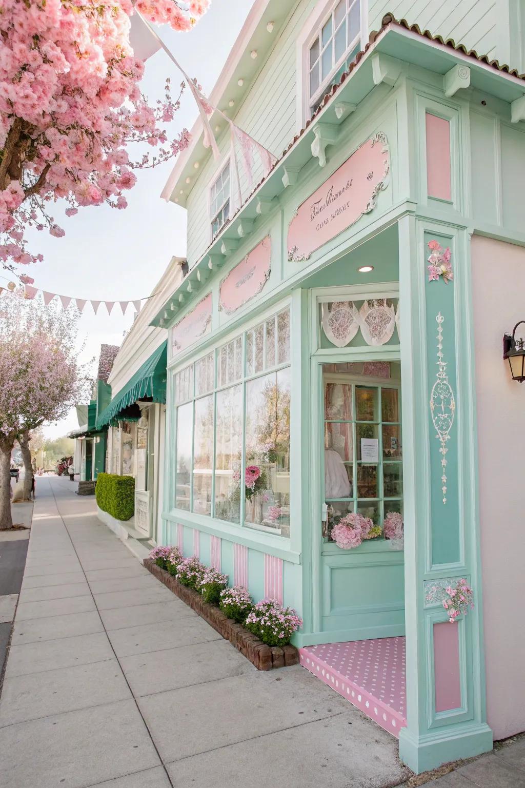 A shopfront adorned with delicate pastel shades of gentle green and pink, radiating an enchanting appeal.
