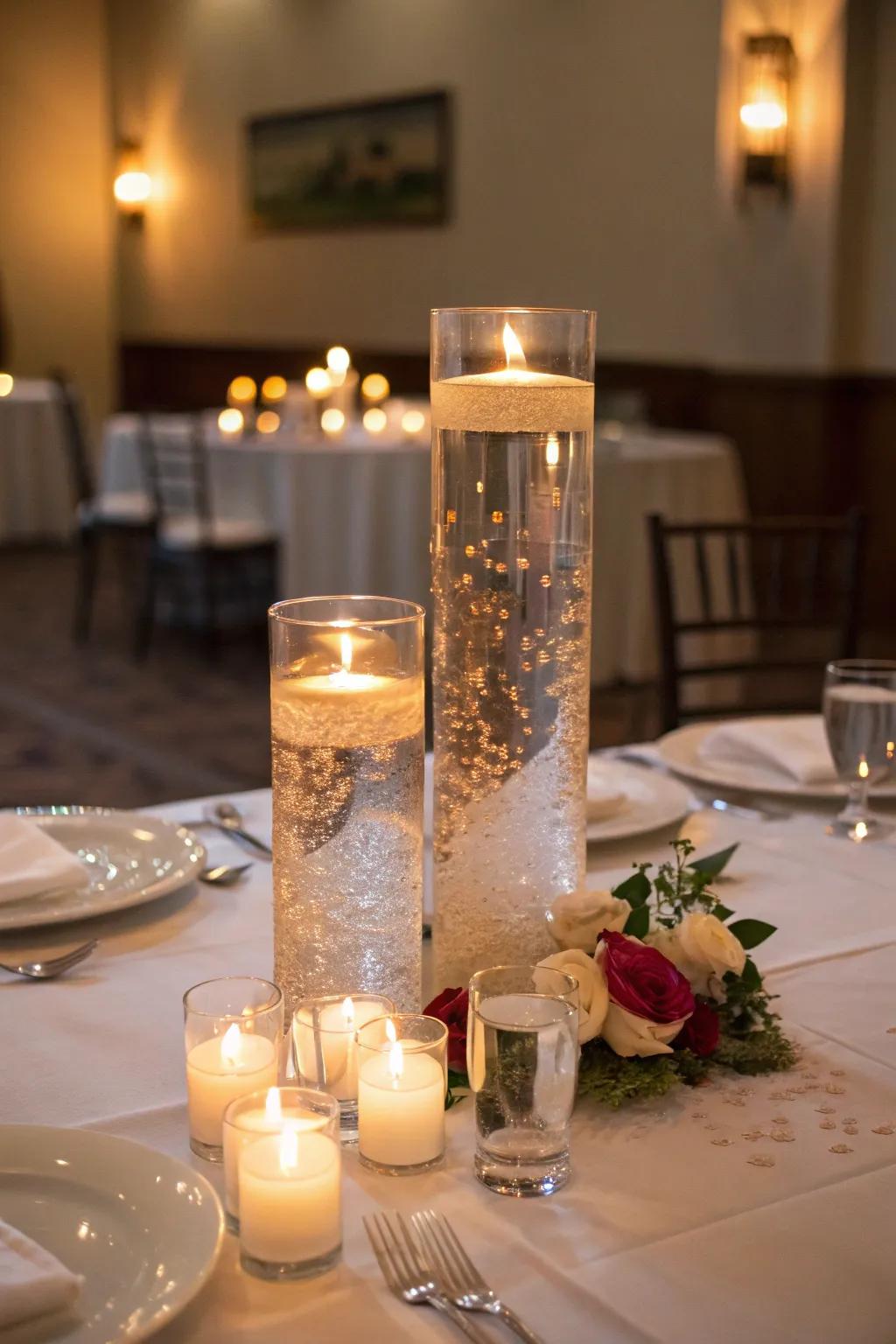 Buoyant lights within glass columns provide a charming glow.