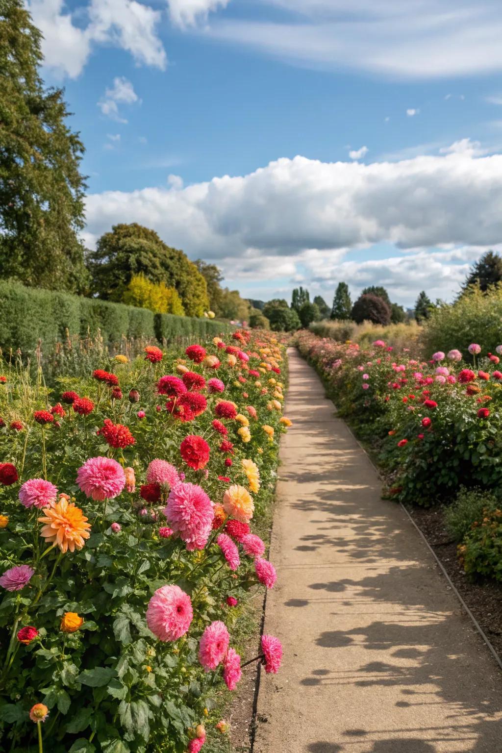 A path in the garden accentuated by vibrant sunburst blossom borders.