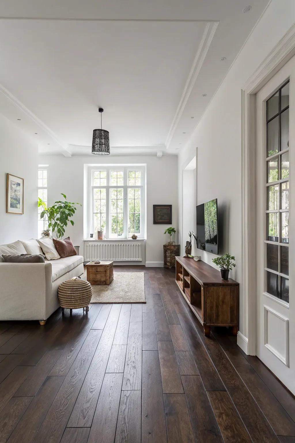 White walls act as a timeless backdrop against dark wood floors.