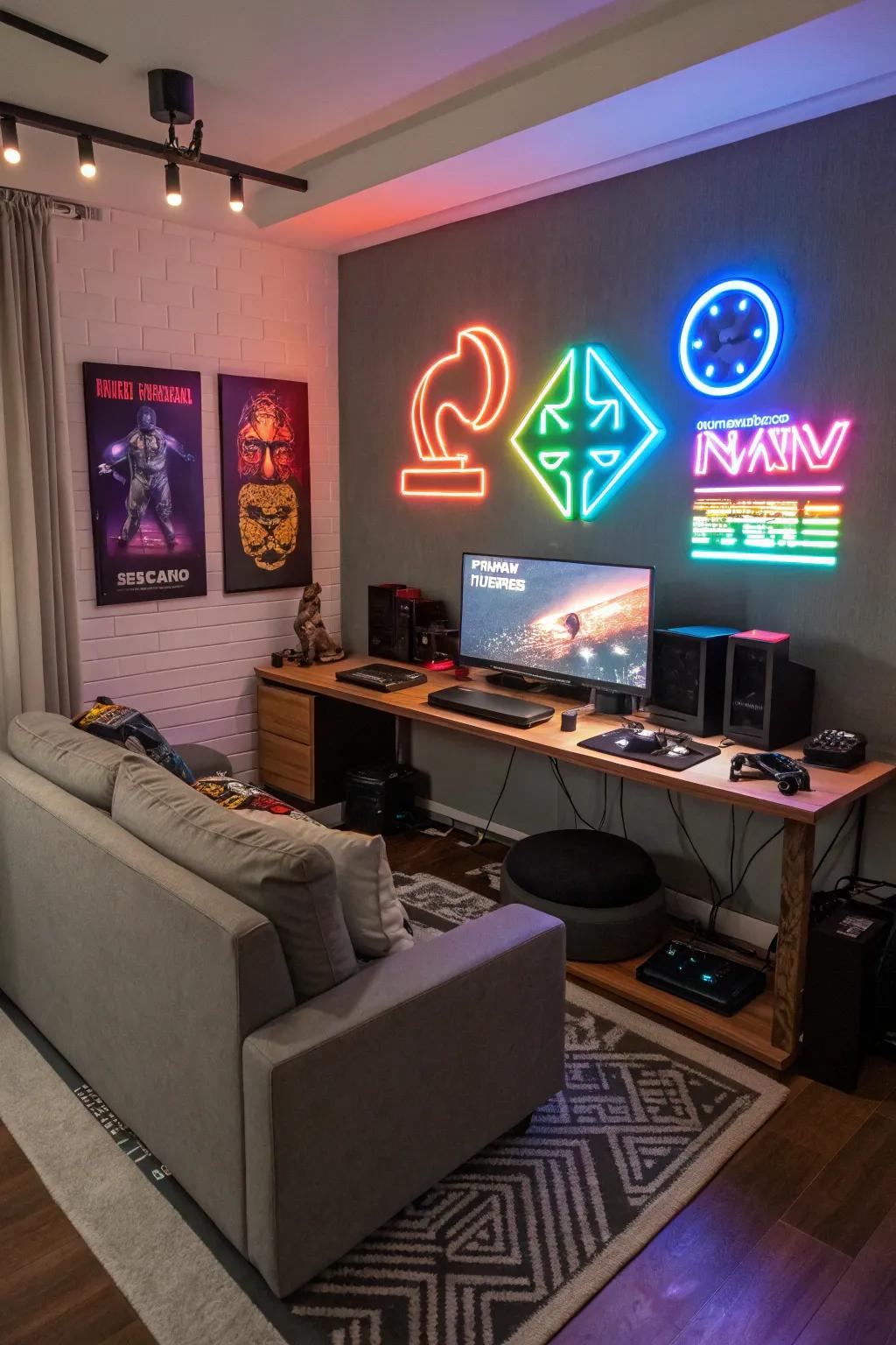 Elevate your gaming room's atmosphere with carefully arranged LED strips and radiant signage.