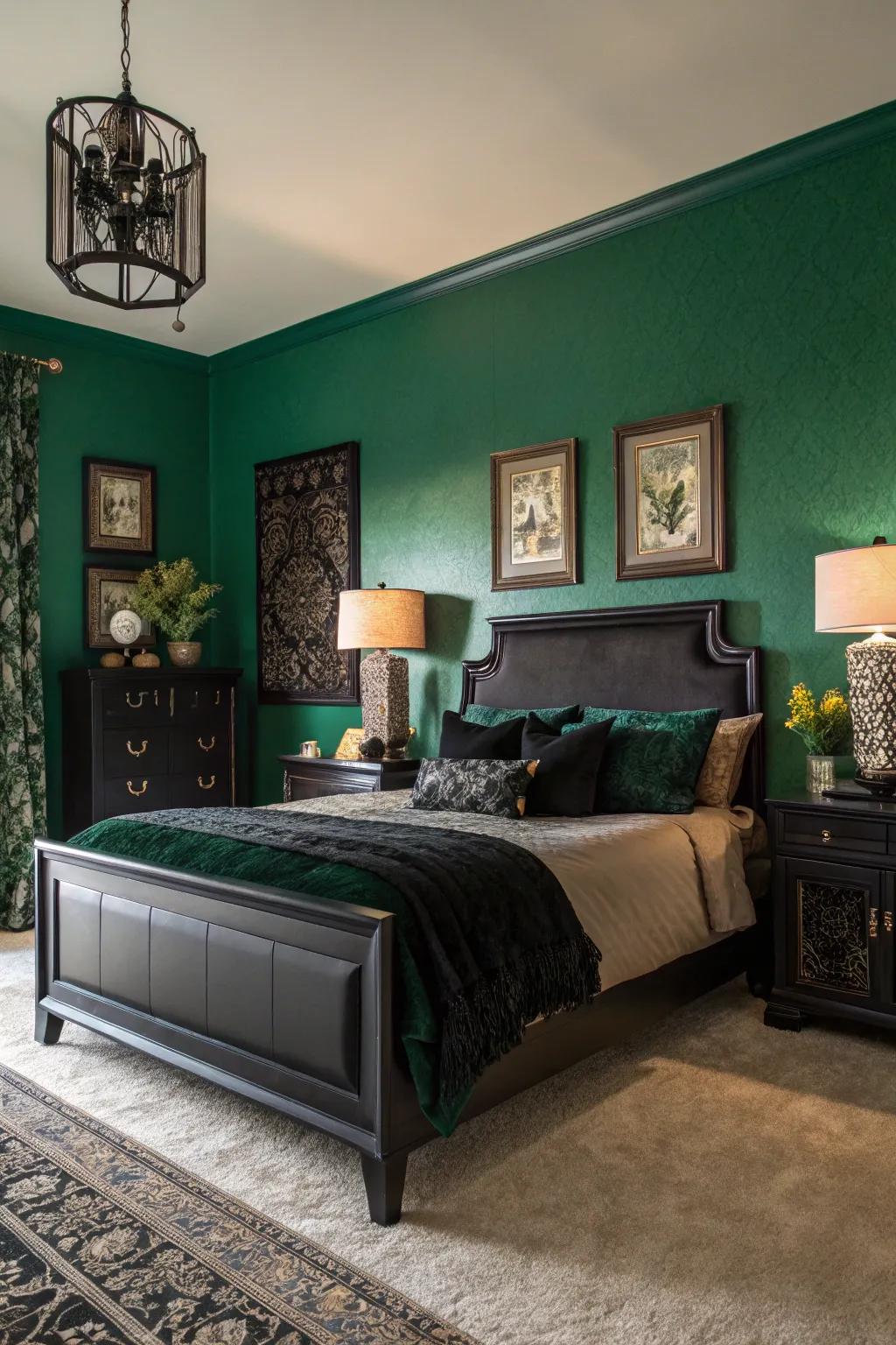 A malachite focus wall beautifully complements sleek charcoal furniture.