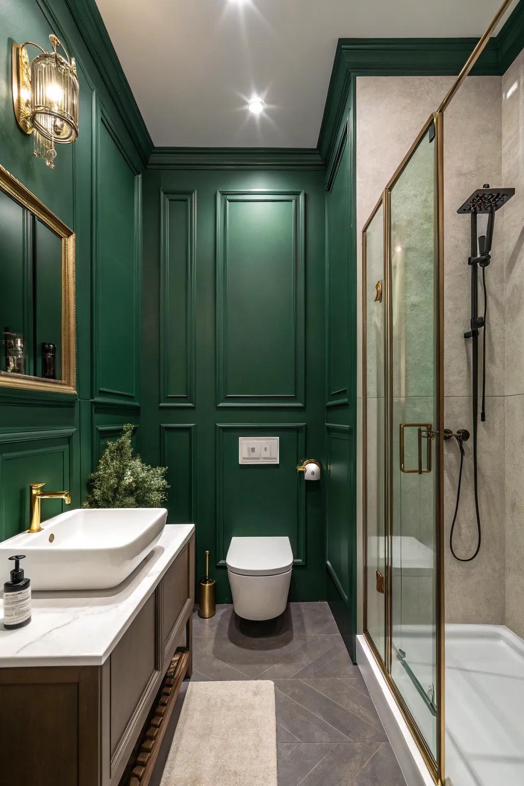 Rich dark green walls create a bold and cozy atmosphere.