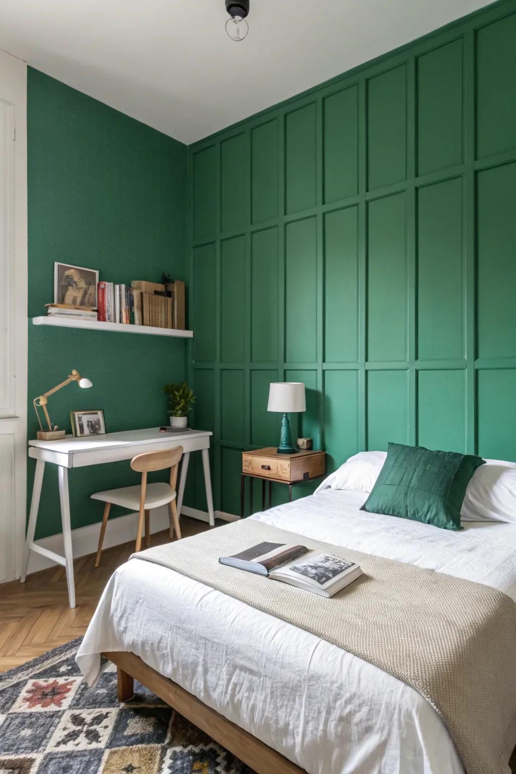A bedroom showcasing a jade green feature wall complemented by minimalist decor.